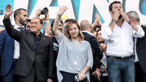 Silvio Berlusconi, Giorgia Meloni and  Matteo Salvini greet supporters at the end of a rally against the Italian government at San Giovanni Square, on October 19, 2019 in Rome, Italy. 