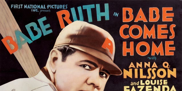 "Babe Comes Home" lobby card. The 1927 silent movie starred Babe Ruth, as baseball player Babe Dugan, at the height of his national fame. 
