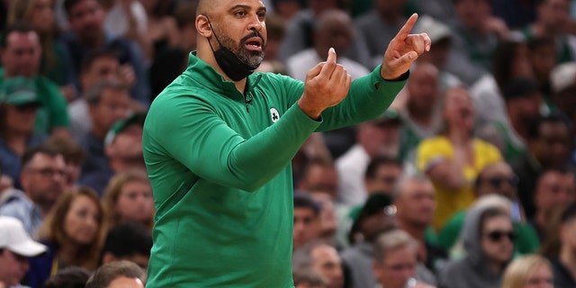 Head coach Ime Udoka of the Boston Celtics calls out a play in the fourth quarter against the Golden State Warriors during Game Three of the 2022 NBA Finals at TD Garden on June 08, 2022 in Boston. 
