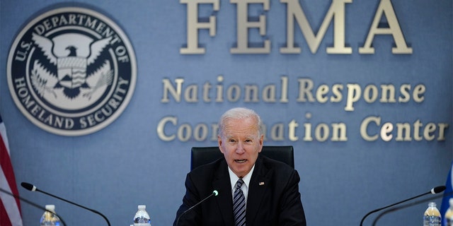 President Joe Biden participates in a briefing on the anticipated Atlantic hurricane season, at FEMA headquarters, Monday, May 24, 2021, in Washington. (AP Photo/Evan Vucci)