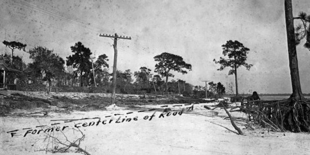 A Pinellas County road seen damaged and washed-out in the aftermath of the 1921 hurricane.