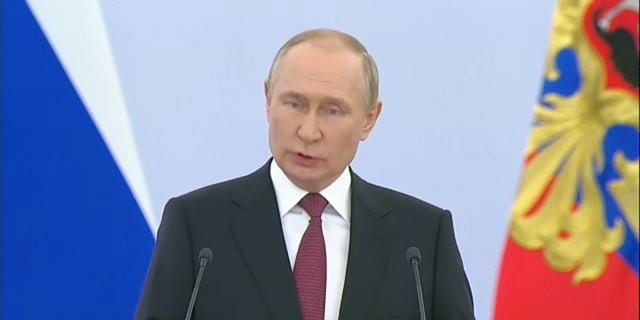 Russian President Vladimir Putin delivers speech as he formalizes the annexation of four Ukrainian territories, Friday, Sept. 30, 2022.