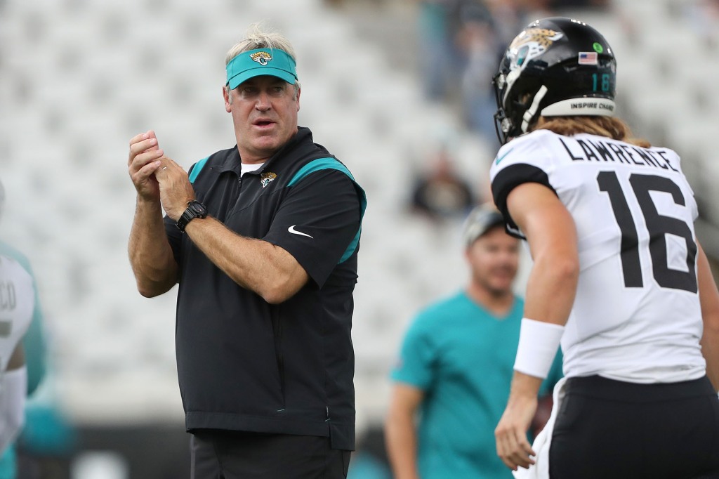 Head coach Doug Pederson of the Jacksonville Jaguars looks on before a game against the Indianapolis Colts at TIAA Bank Field on September 18, 2022 in Jacksonville, Florida.