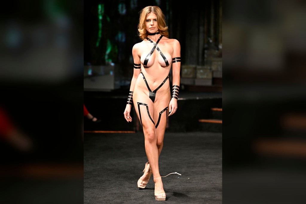 A model wearing a duct tape bikini suffered an unfortunate wardrobe malfunction at NYFW when her shoe broke.