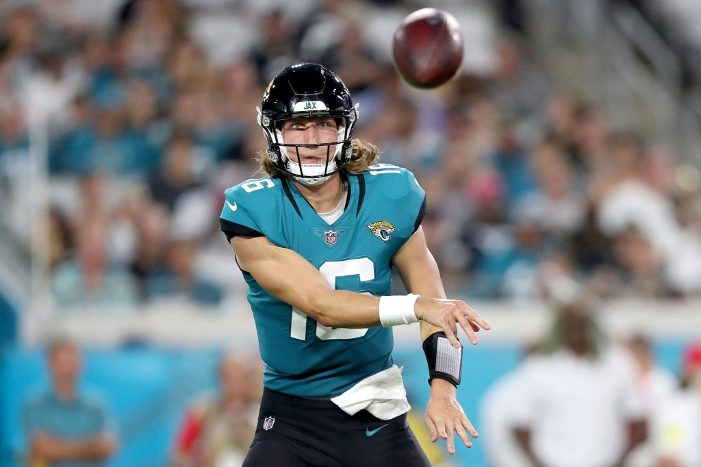 Trevor Lawrence #16 of the Jacksonville Jaguars throws a pass during the first half of a preseason game against the Pittsburgh Steelers at TIAA Bank Field on August 20, 2022 in Jacksonville, Florida.