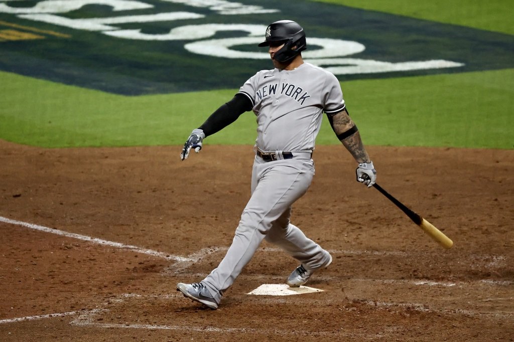 Gleyber Torres strikes out in the ninth inning.