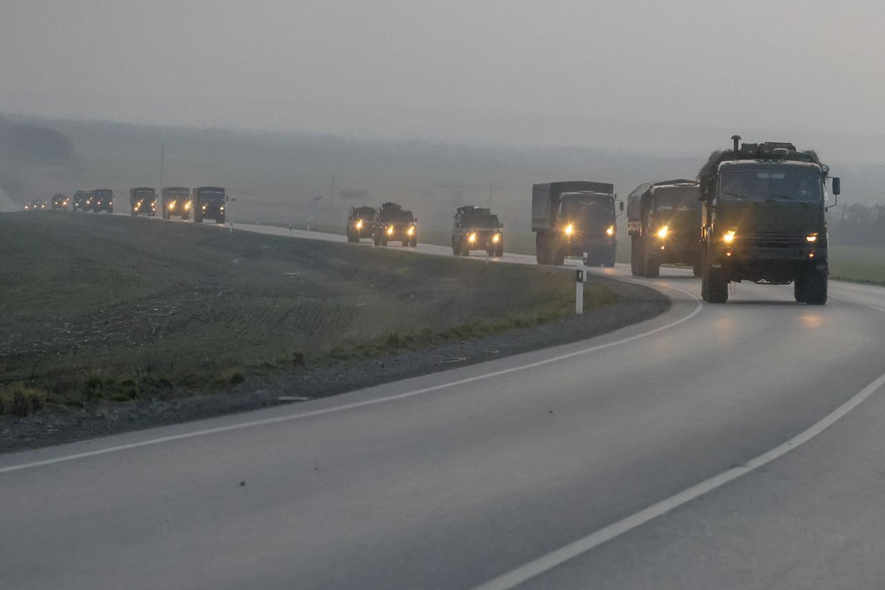 A convoy of Russian military vehicles is seen February 23 in the Rostov region of Russia, which runs along Ukraine's eastern border.