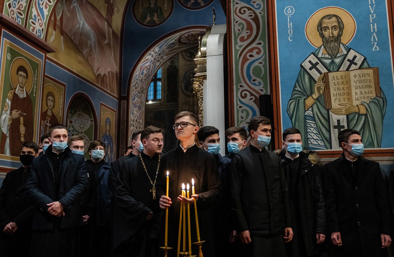 A memorial service and candlelight vigil is held at the St. Michael's Golden-Domed Monastery in Kyiv on February 18. They honored <a href=