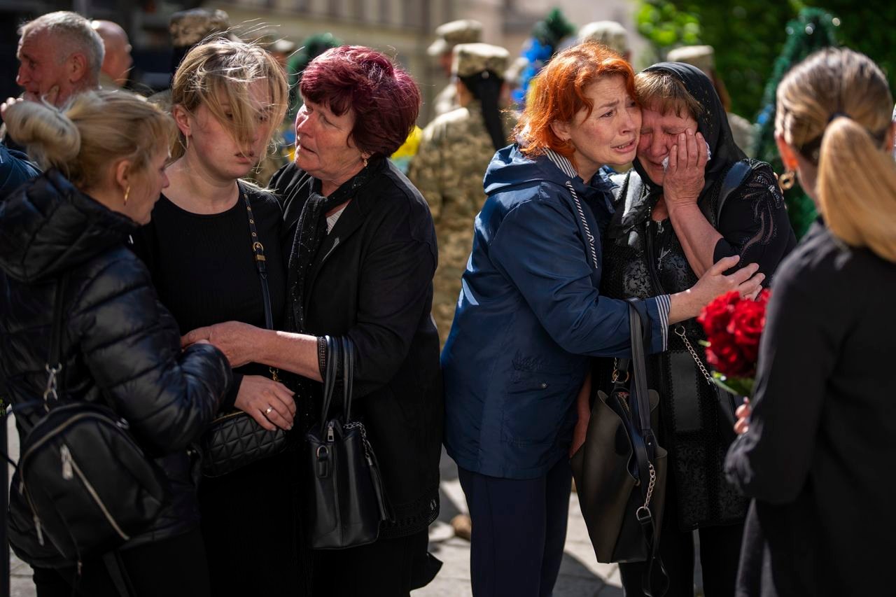 Grieving relatives attend the funeral of Pankratov Oleksandr, a Ukrainian military serviceman, in Lviv, Ukraine, on May 14.