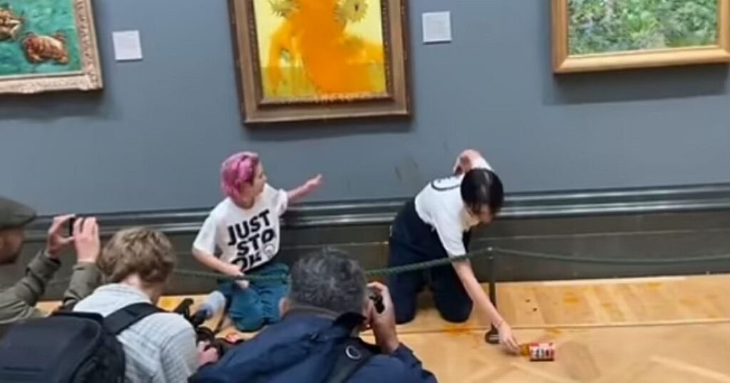 Just Stop Oil activists throw soup over Van Gogh’s iconic Sunflowers painting