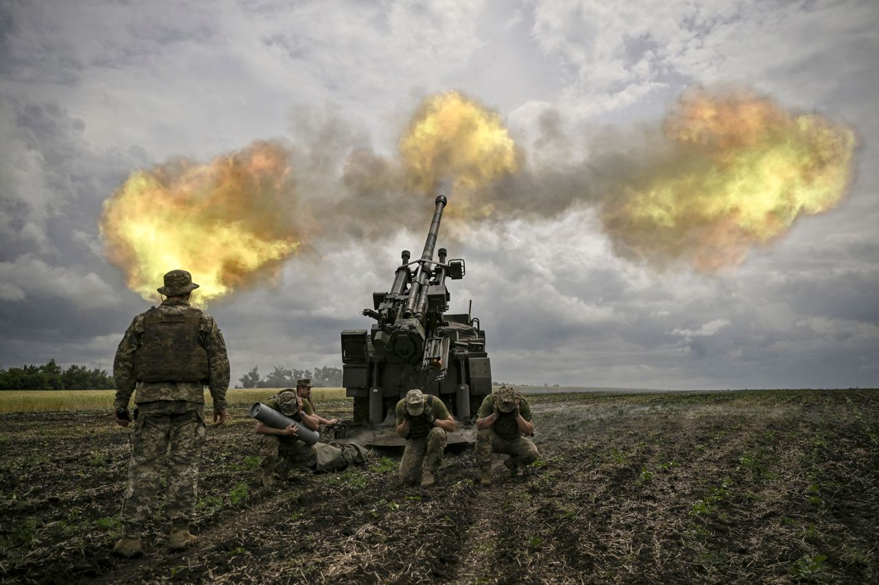 Ukrainian servicemen fire a French 155mm CAESAR self-propelled howitzer towards Russian positions in the eastern Ukrainian region of Donbas on June 15.
