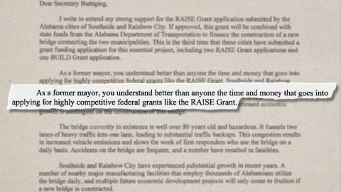 A passage from a letter from Sen. Tommy Tuberville from April to Transportation Secretary Pete Buttigieg.