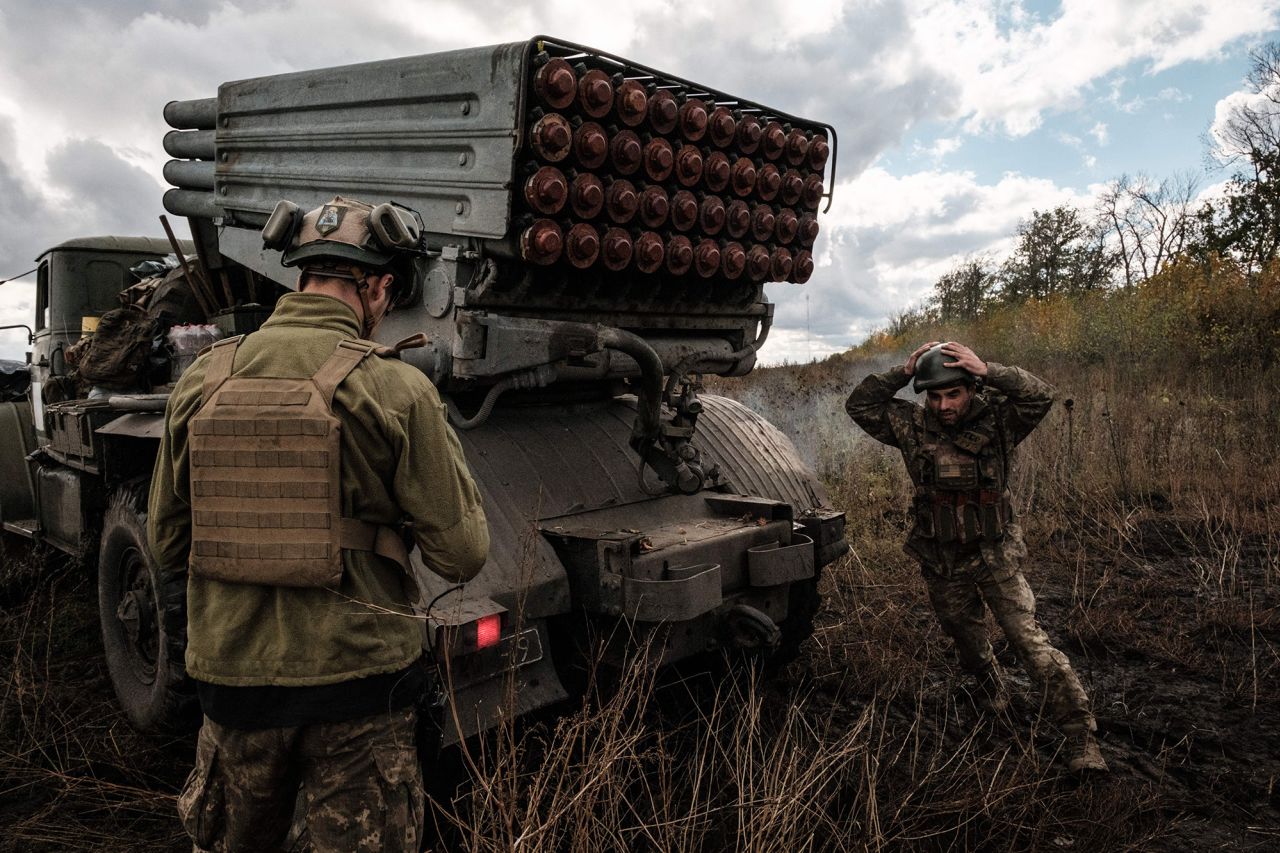 Ukrainian soldiers prepare to fire a BM-21 'Grad' multiple rocket launcher towards Russian positions in the Kharkiv region on October 4.