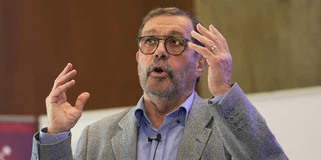 French physicist Alain Aspect speaks during a press conference, Tuesday, Oct. 4, 2022 in Palaiseau, outside Paris. 