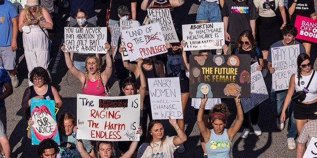 Hundreds of demonstrators rally and march in downtown Raleigh, N.C., June, 24, 2022.