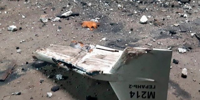 This undated photograph released by the Ukrainian military's Strategic Communications Directorate shows the wreckage of what Kyiv has described as an Iranian Shahed drone downed near Kupiansk, Ukraine.