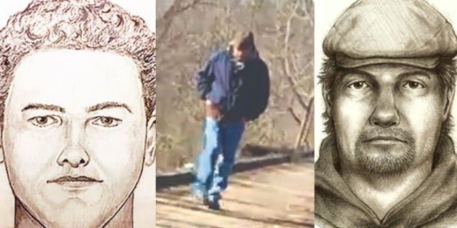 Two different composite sketches and a grainy image of the murder suspect.