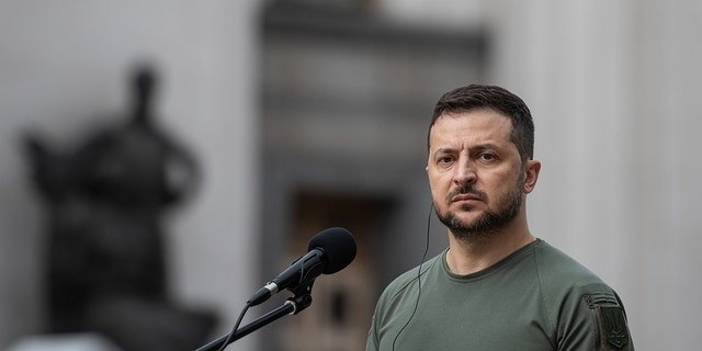 KYIV, UKRAINE - SEPTEMBER 09: Ukrainian President Volodymyr Zelenskyy during his joint press conference on September 9, 2022 in Kyiv, Ukraine.