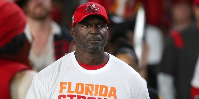 Tampa Bay Buccaneers Head Coach Todd Bowles looks out towards the field during the regular season game between the Kansas City Chiefs and the Tampa Bay Buccaneers on October 2, 2022, at Raymond James Stadium in Tampa, Florida.