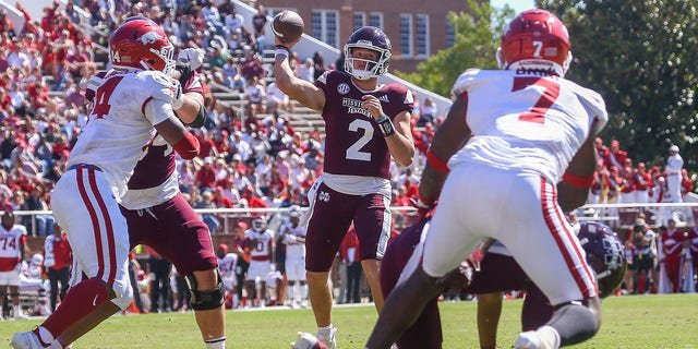 Mississippi State Bulldogs quarterback Will Rogers (2) passes during a game against the Arkansas Razorbacks Oct. 8, 2022, at Davis Wade Stadium in Starkville, Miss.