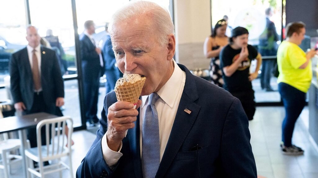 Biden blasted for telling reporter the economy is ‘strong as hell’ while eating ice cream in Portland