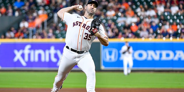 Justin Verlander, #35 of the Houston Astros, pitches in the first inning against the Philadelphia Phillies at Minute Maid Park on Oct. 4, 2022 in Houston.
