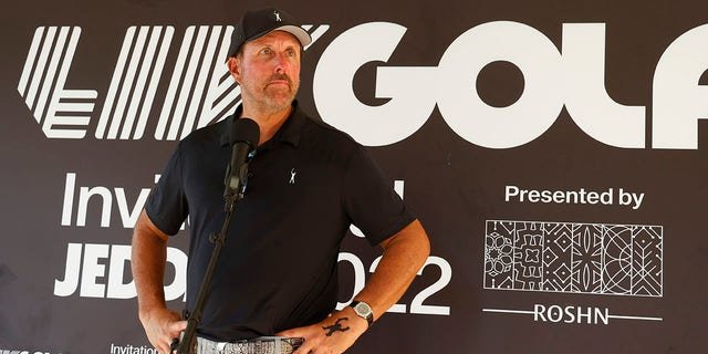 Team Captain Phil Mickelson of Hy Flyers GC speaks to the media during a press conference after the pro-am prior to the LIV Golf Invitational - Jeddah at Royal Greens Golf & Country Club on Oct. 13, 2022 in King Abdullah Economic City, Saudi Arabia.