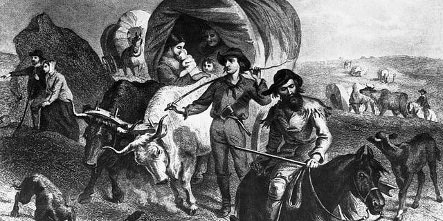 Illustration of pioneers crossing the plains by Henry Bryan Hall, Jr. after Felix Octavius Carr Darley.