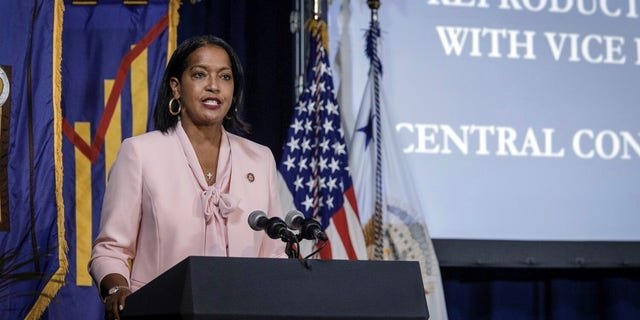 Rep. Jahana Hayes introduces Vice President Kamala Harris and CEO of Planned Parenthood Alexis McGill Johnson, to discuss women's reproductive rights at Central Connecticut State University on Wednesday, Oct. 5, 2022, in New Britain, Connecticut.
