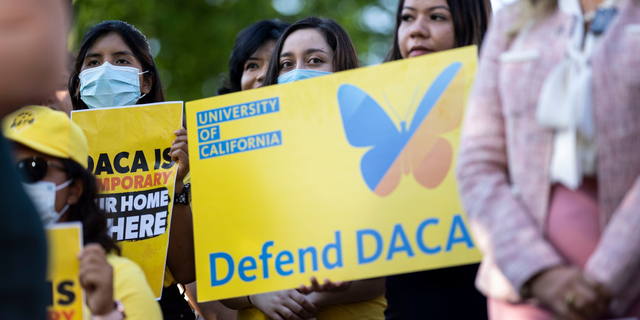 Activists listen during a news conference marking the 10th anniversary of the passing of Deferred Action for Childhood Arrivals (DACA), on Capitol Hill on Wednesday, June 15, 2022 in Washington, DC.