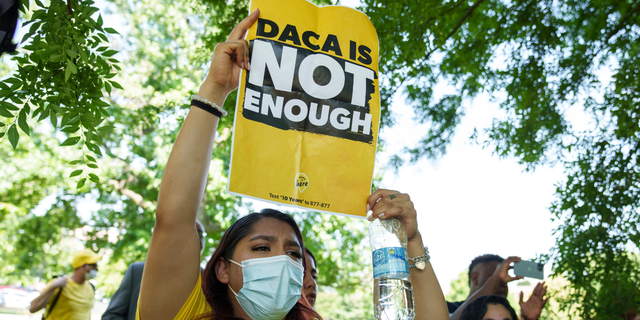 Immigration advocates rally to urge Congress to pass permanent protections for DACA recipients and create a pathway to citizenship, near the U.S. Capitol June 15, 2022 in Washington, DC.