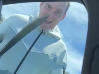 Moment grinning man brandishing machete attempts to carjack vehicle