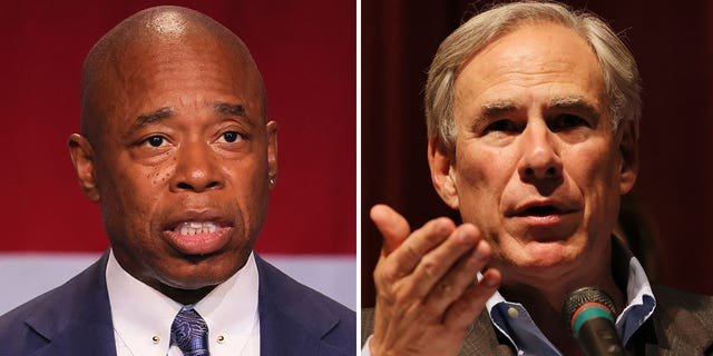 New York City Mayor Eric Adams, left, and Texas Gov. Greg Abbott have feuded over immigration amid an influx of migrants being bused from Texas to New York.