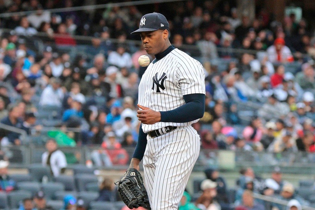 New York Yankees relief pitcher Aroldis Chapman #54 reacts on the mound during the 7th inning