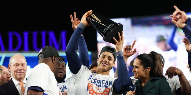 Jeremy Pena #3 of the Houston Astros is announced as the American League Championship Series MVP after defeating the New York Yankees in game four to advance to the World Series at Yankee Stadium on October 23, 2022, in the Bronx borough of New York City.