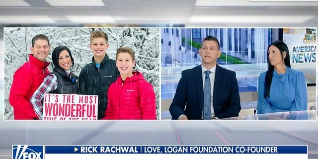 Logan Rachwal was just 19 years old when he took a pill in his dorm room in college — which killed him. He's shown at left with his parents and brother. His parents appeared on Fox News Channel's "America's Newsroom," at right, to share the loss of their son and how to combat the crisis.