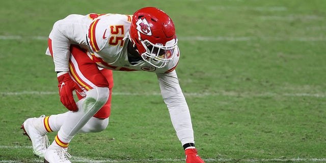 Defensive end Frank Clark #55 of the Kansas City Chiefs during the NFL game against the Las Vegas Raiders at Allegiant Stadium on November 22, 2020 in Las Vegas, Nevada. The Chiefs defeated the Raiders 35-31.
