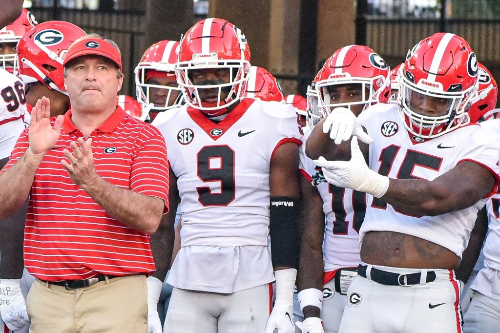 Georgia head coach Kirby Smith gets ready to take his team on the field during a SEC conference game between Georgia Bulldogs and Missouri held on Saturday OCT 01, 2022 at Faurot Field at Memorial Stadium in Columbia MO. 