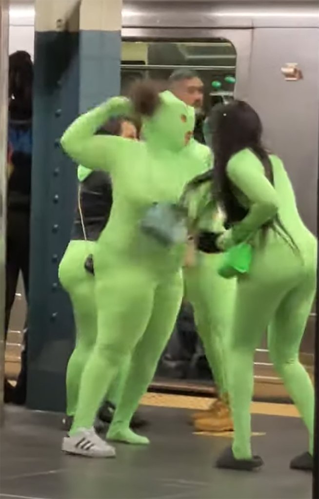 The suspects wore wore full-body neon-green leotards during the attack.