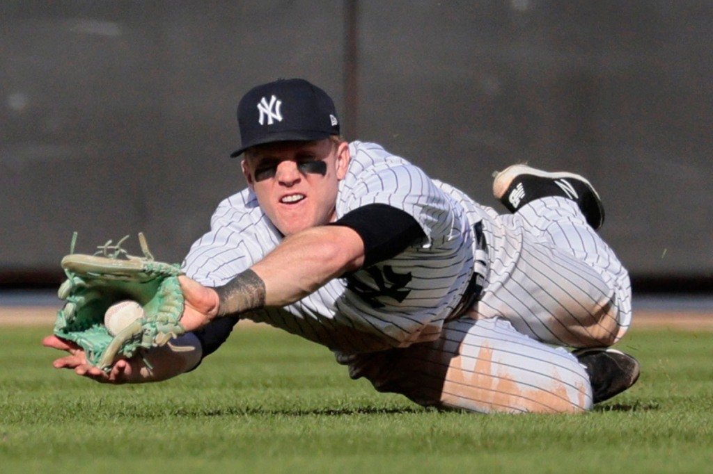 New York Yankees center fielder Harrison Bader #22 makes a nice catch on a ball hit by Boston Red Sox right fielder Abraham Almonte #48 during the 8th inning.