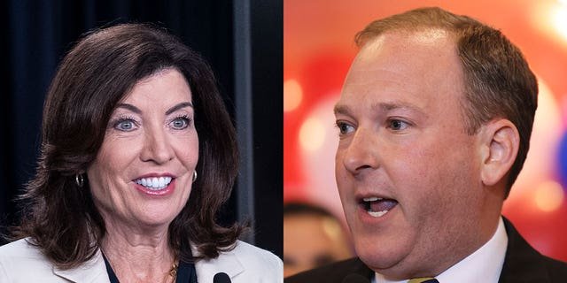Gov. Kathy Hochul, a Democrat, on the left; Republican gubernatorial candidate Lee Zeldin on the right. Moms in New York City are "upset that their streets are not safe," according to Inna Vernikov, a Ukrainian immigrant, who shared her thoughts with Fox News Digital.