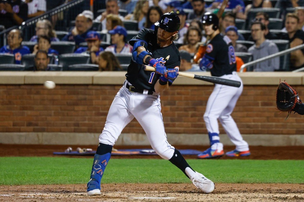 Jeff McNeil #1 of the New York Mets hits a double during the 4th inning against the Washington Nationals, on Labor Day Weekend.