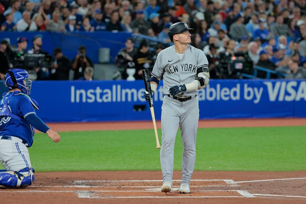 New York Yankees third baseman Josh Donaldson #28, reacts after striking out in the 2nd inning. 