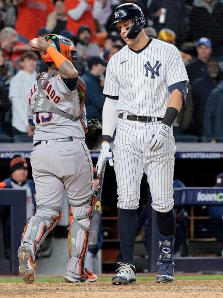 Aaron Judge reacts after striking out in the sixth inning of Game 4 of the ALCS.