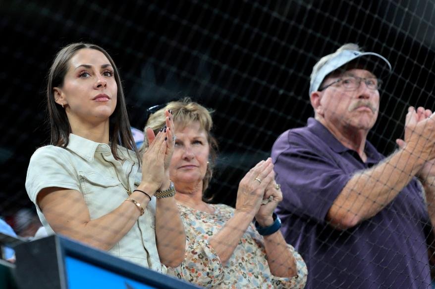 Aaron Judge’s wife Samantha Bracksieck, and his parents Wayne and Patty Judge at the Yankees-Rangers in Arlington, Texas on Oct. 4, 2022.