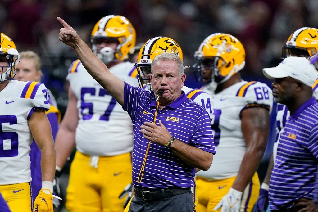 LSU head coach Brian Kelly blows his whistle before an NCAA college football game against Florida State in New Orleans, Sunday, Sept. 4, 2022. 