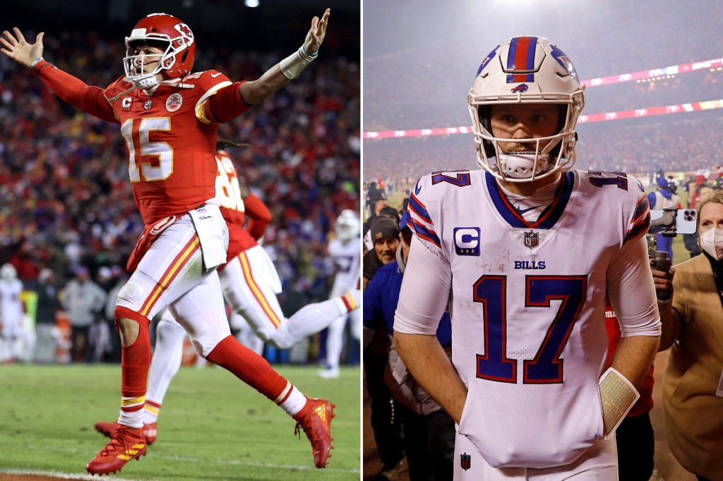 Patrick Mahomes, left, and Josh Allen staged a memorable duel in last year's playoffs.