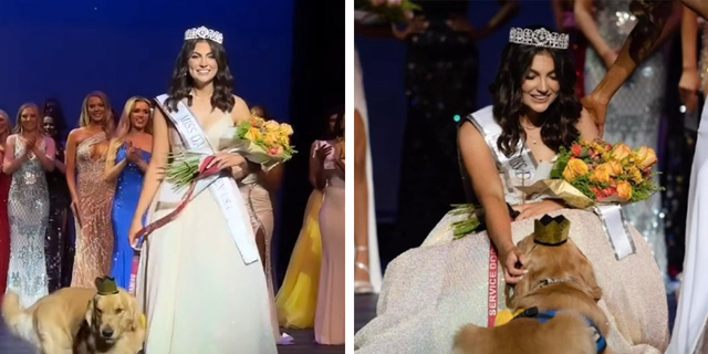 The new Miss Dallas Teen Alison Appleby and her service dog, Brady, are crowned at the Texas pageant on Oct. 9, 2022.