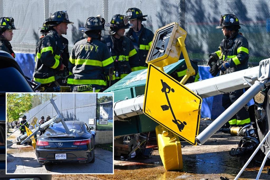 Four injured, one critically, after car collides with scooter, hits pole in NYC