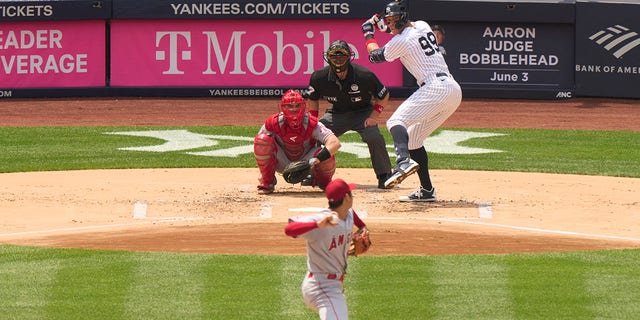 The New York Yankees' Aaron Judge (99) in action batting against Los Angeles Angels pitcher Shohei Ohtani (17) at Yankee Stadium in the Bronx, N.Y. June 2, 2022.